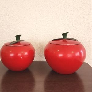 Apple Decor Mid-century Aluminum Cannister set of 2 1965 Red Chrome 5.5 inches
